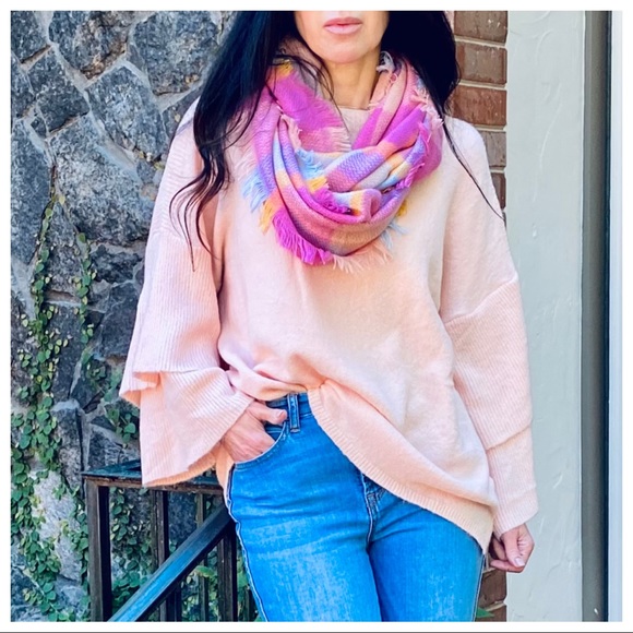 BOHO CHIC LAYERED SLEEVES PINK LOOSE FIT SWEATER - Picture 4 of 4